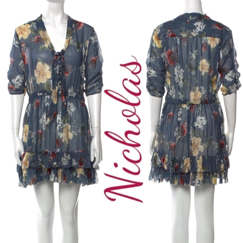 NWT NICHOLASโ 100% Silk Floral Ruffled Mini Dress, Size 8 - Picture 2 of 12